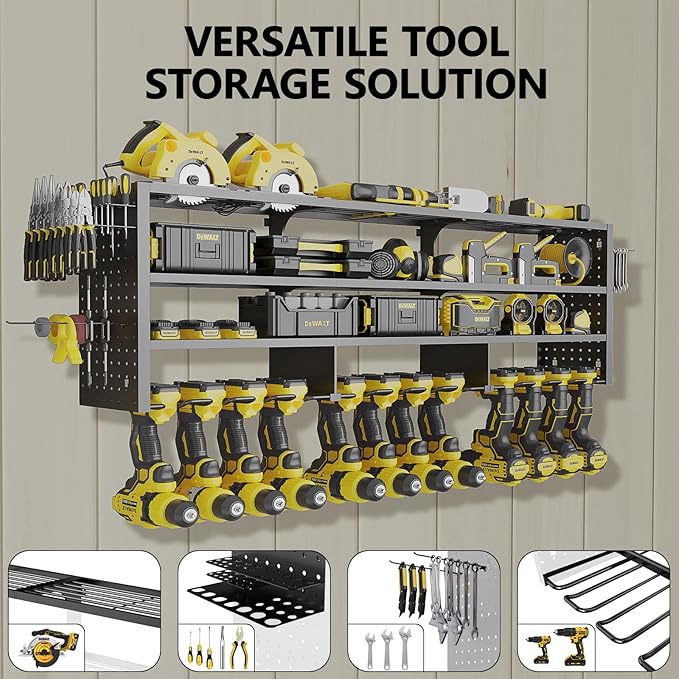49" W Large Power Tool Organizer Wall Mount, 4 Layer Heavy Duty Metal Tool Storage Rack with 12 Drills Holder, Utility Racks 