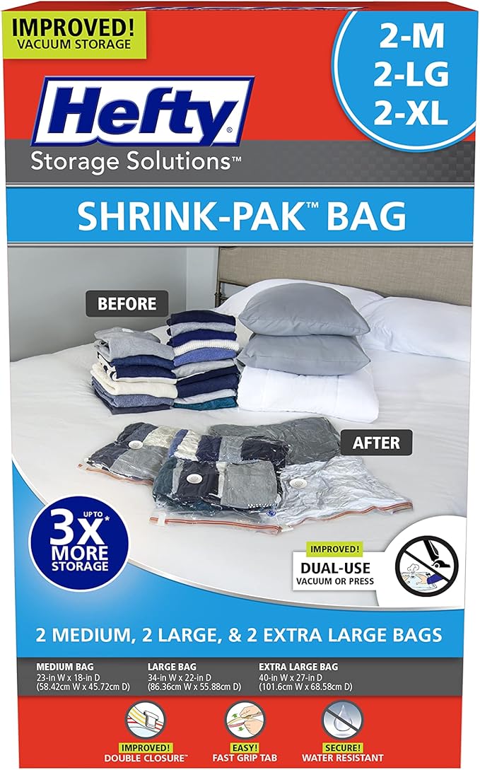 Hefty Shrink-Pak - 2 Medium, 2 Large, 2 XL Vacuum Seal Storage Bags – Space Saver Bags for Clothing, Pillows, Towels, or Blan