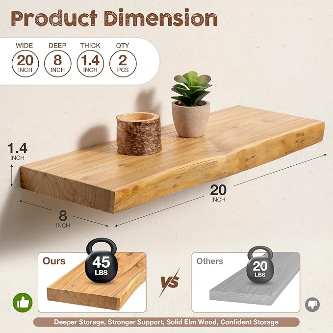 fuqing Live Edge Floating Shelves for Wall 20 inch, 8 Inch Deep Solid Elm Wood Floating Wall Shelves - Rustic Wooden Shelves 