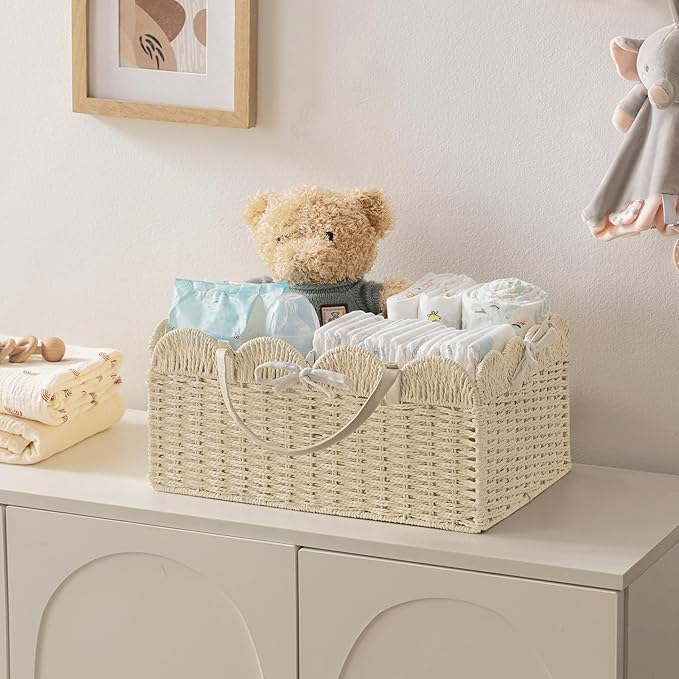 HBlife Baby Diaper Caddy, Paper Rope Storage Baskets Nursery Bin with Removable Divider, Portable Car Organizer for Diapers, 