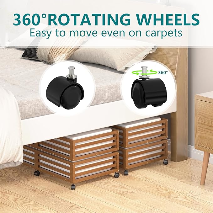 Bamboo Under Bed Storage Containers- Underbed Organizer with Wheels with Large Capacity Dust Bag,Sturdy Wood Rolling Under Be