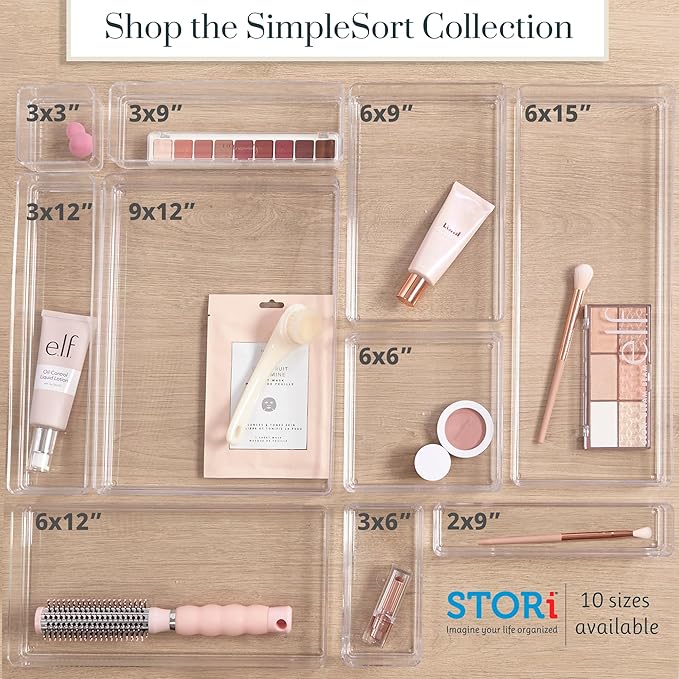 STORi SimpleSort 2-Piece Stackable Clear Drawer Organizer Set | 12" x 9" x 2" Rectangle Trays | Wide Makeup Vanity Storage Bi