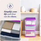 HOMZ 2-Pack Drawer Tower, 3-Tier Clear Plastic Storage Organizer Cart, Purple Frame - Organizing Containers with Wheels for H