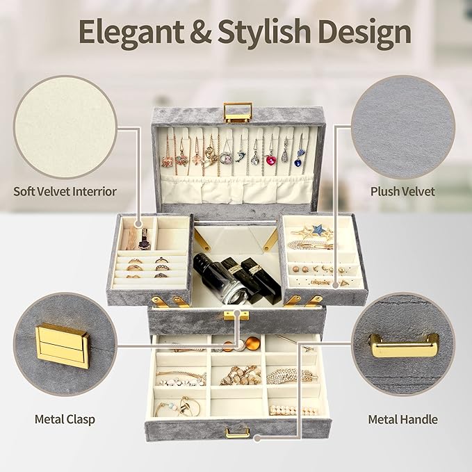 Dajasan Jewelry Organizer Box, Large Velvet Jewelry Boxes for Women Girls, Space-Saving 3 Layers Jewelry Storage Case with Dr