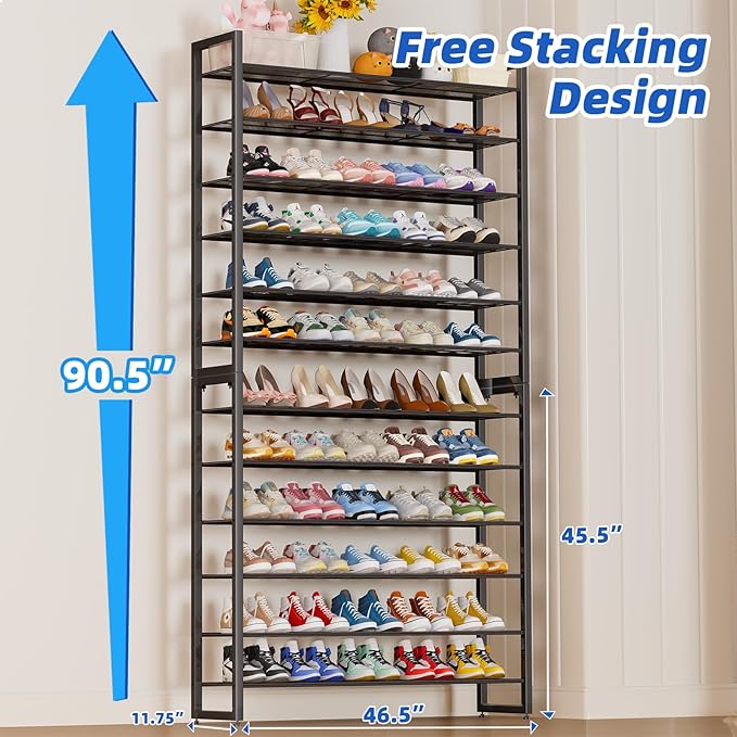 Simple Trending Shoe Rack Holds 60 Pairs, 12 Tier Shoe Organizer, Heavy Duty Large Metal Stackable Shoe Storage for Closet, B
