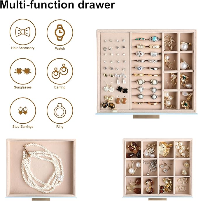Frebeauty Clear Lid Jewelry Box,3-Layer Jewelry Organizer with Drawer,PU Leather Jewelry Organizers and Storage,Jewelry Boxes