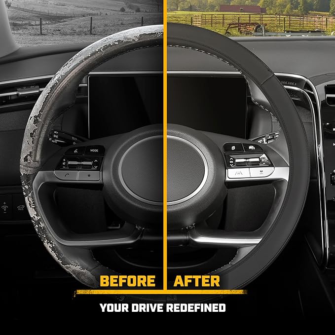 Cat® EasyWrap Faux Black Leather Steering Wheel Cover, Self Wrapping Car Steering Wheel Cover for Auto Truck Van SUV - Standard 14.5" - 15 Inches