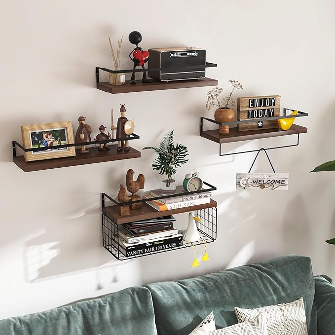 Bathroom Floating Shelves Wall Mounted - 4+1 Tier Rustic Wooden Bathroom Wall Shelves Over Toilet with Wire Storage Basket&To