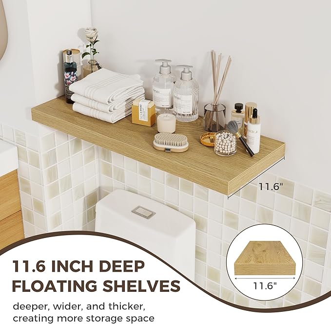 Fun Memories Deep Floating Shelves, 32W x 12D Oak Wall Shelves, 32 Long Rustic Wood Wide Storage Shelves for Bedroom, Kitchen