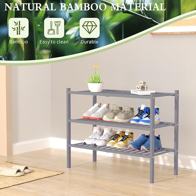 ROMGUAR CRAFT 3 Tier Bamboo Shoe Rack for Closet Free Standing Wood Shoe Shelf Storage Organizer for Entryway Small Space Sta