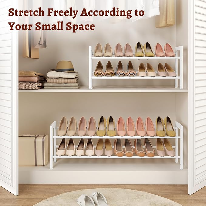 FAVOOSTY 2-Tier Expandable Shoe Rack, Adjustable Shoe Shelf Storage Organizer Space Saving Metal Free Standing Shoe Rack for 