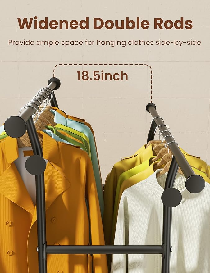Double Rods Clothes Rack, Rolling Clothing Rack with Wheels, Metal Clothing Racks for Hanging Clothes, Portable Garment Rack 