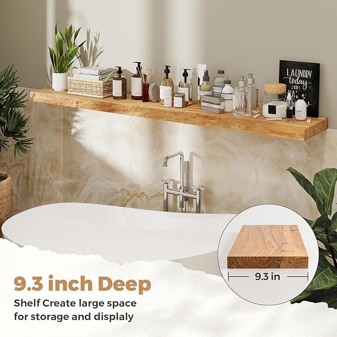 RICHFOCUS Elm Floating Shelves for Wall - 55" W x 9.3" D Rustic Solid Wood Shelves with Invisible Bracket, Wall-Mounted for L
