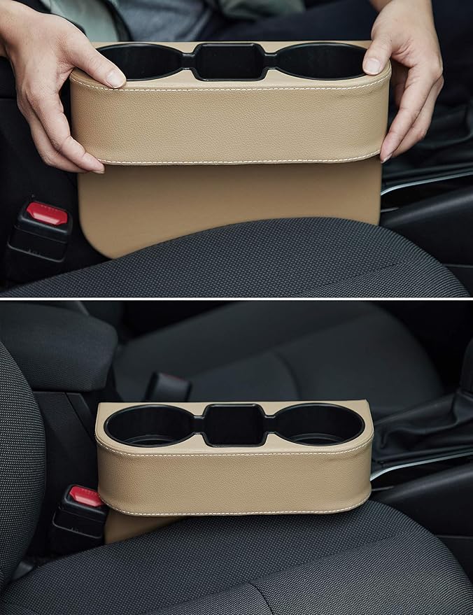IOKONE Coin Side Pocket Console Side Pocket Leather Cover Car Cup Holder Auto Front Seat Organizer Cell Mobile Phone Holder (Beige)