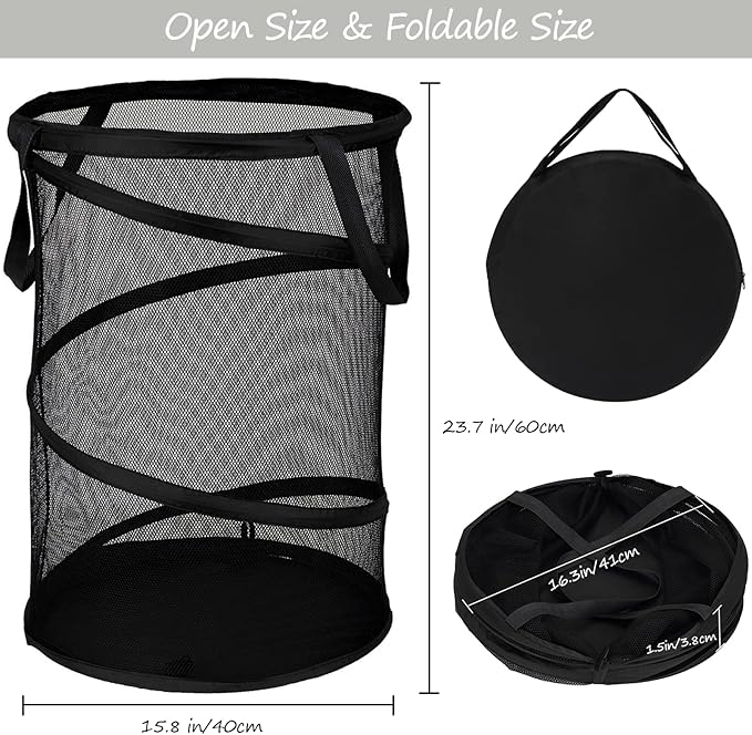 BATTOO 2 Pack Black Large Collapsible Laundry Basket Foldable Mesh Pop Up Hamper with Handles for Laundry Room, Bathroom, Kid
