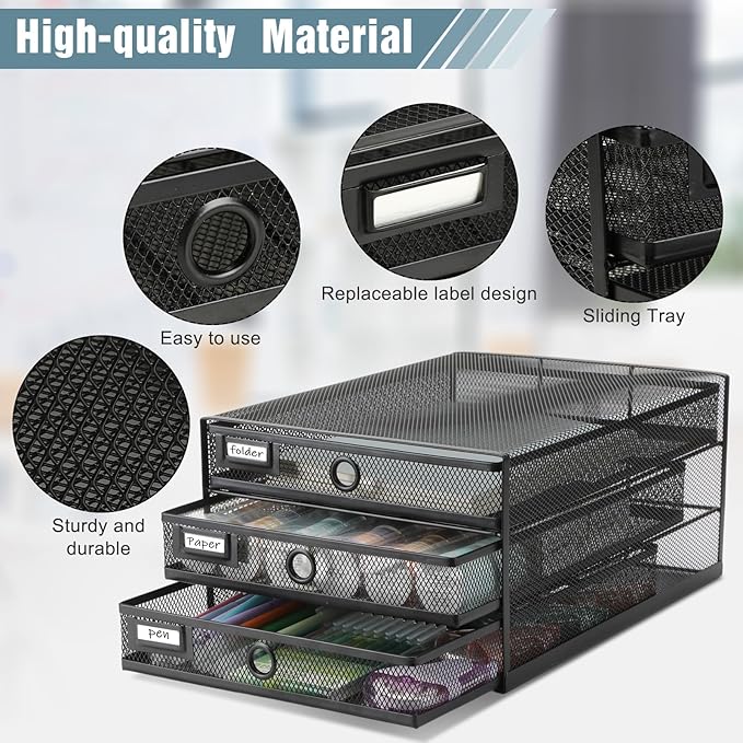 Zhanmai 1 Pack Black Desk Organizer with Drawer Total Wire Mesh Storage Tray Multifunctional Paper Sorter File Stand for Home