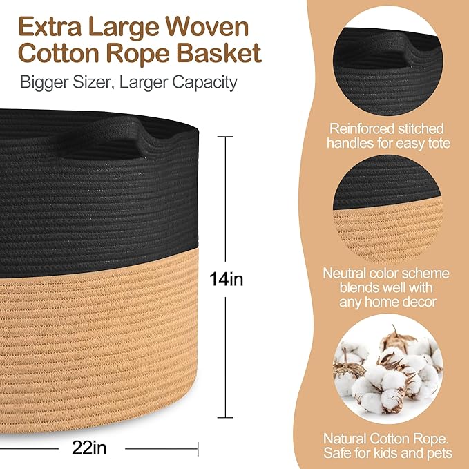 MEGASKET Extra Large Storage Basket, 22" X 14" Blanket Storage for Living Room, Decorative Kids Dog Toy Bin Box, Big Woven Co