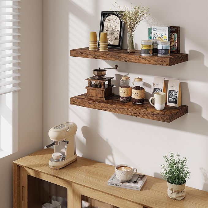 Fun Memories Floating Shelves for Wall, 30 Inch Long Floating Shelves Set of 2, 30 x 10 Wooden Shelves for Wall, Large Storag