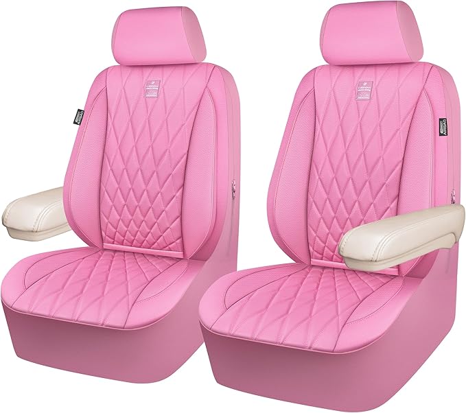 CAR PASS Piping Luxury Leather Two Front Car Seat Covers, Cute Girly Waterproof Anti Slip Seat Covers Compatible with Front S