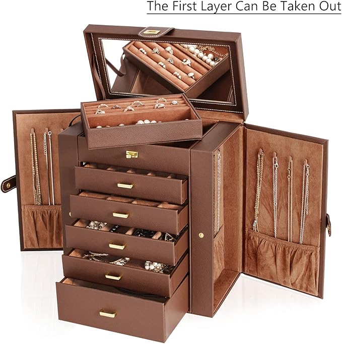AKOZLIN Extra Large 6-Tier Jewelry Box Organizer with Mirror, 5 Drawers Leather Jewelry Storage Case for Women Girls Ring Nec
