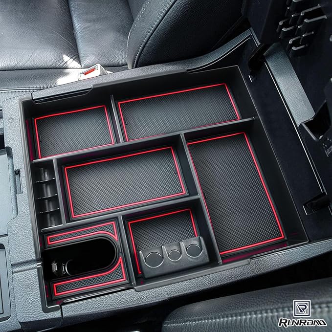 RUNROAD Center Console Organizer Full Cover Tray Compatible with Toyota Tundra 2014-2020 2021 Accessories, ABS Coin Holder Secondary Storage Box Insert Armrest Console Tray, Red
