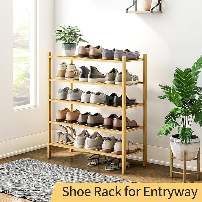 5-Tier Bamboo Shoe Rack for Entryway, Stackable | Heavy Duty | Multi-Function, Free Standing Shoe Racks for Bedroom Hallway C