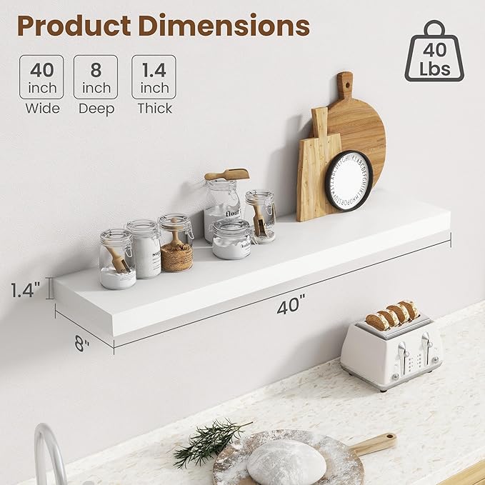 40 Inch Floating Shelves for Wall, 8 Inch Deep Floating Shelf for Storage & Display, Rustic Wall Mounted Shelf with Invisible