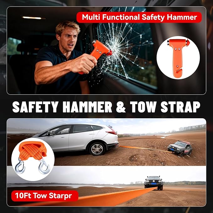 15PC Car Emergency Kit with Jumper Cables, Roadside Assistance Safety Kit for Auto & Truck, Includes Safety Hammers, Tow Stra