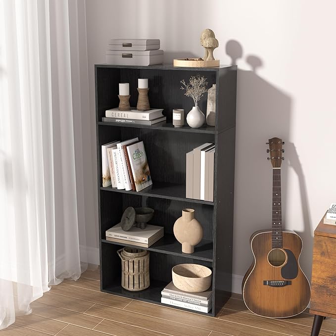4 Tier Book Shelf, 4 Cube Storage Organizer,4 Tier Low Bookcase Storage Display Organizer, 44 Inch Versatile Cubes Shelf and 