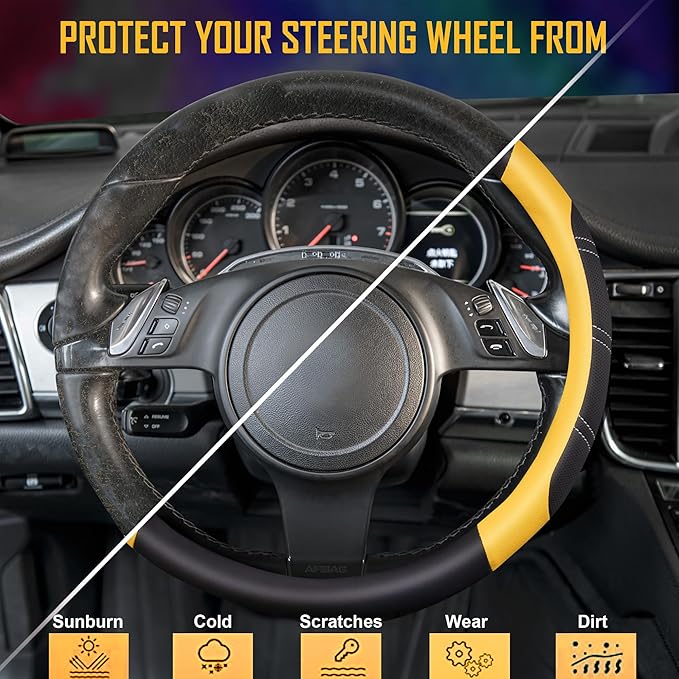 CAR PASS Line Rider Microfiber Leather Sporty Steering Wheel Cover Universal Fits for 95% Truck,SUV,Cars,14.5-15inch Anti-Sli