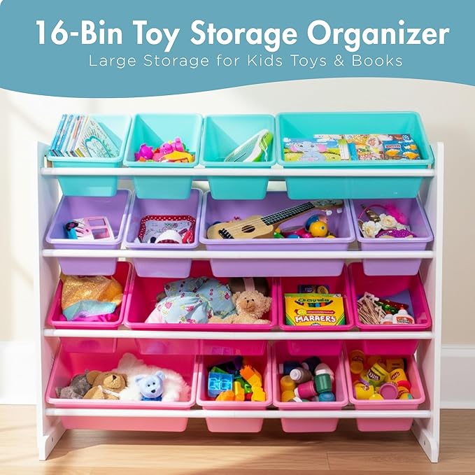 Humble Crew Supersized Toy Storage Organizer with 16 Removable Bins, White/Blue/Pink/Purple – Large Toy Storage for Toddlers 