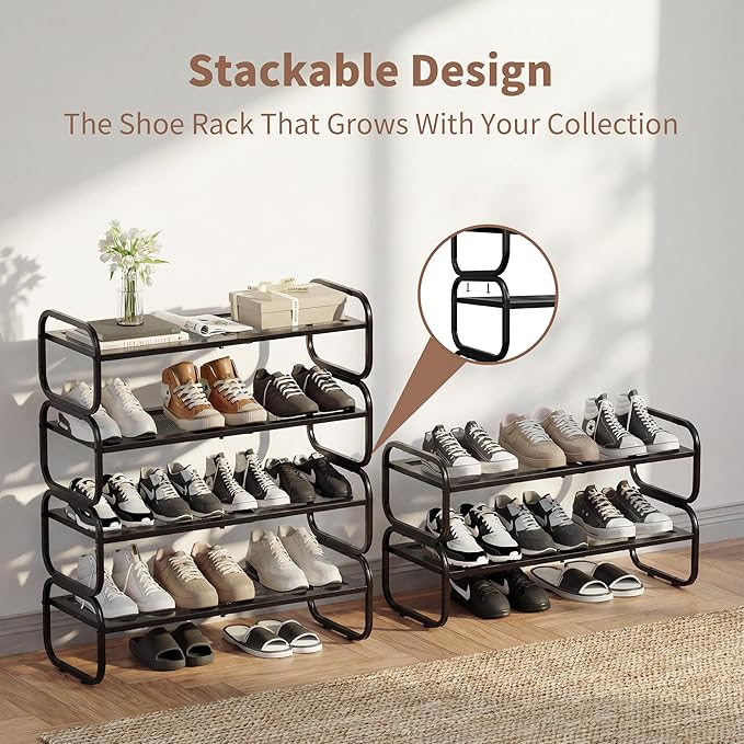 4Tier Shoe Rack - Expandable Shoe Organizer for Closet, Adjustable Metal Shoe Shelf Storage, Stackable Long Shoe Stand Holder