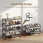4Tier Shoe Rack - Expandable Shoe Organizer for Closet, Adjustable Metal Shoe Shelf Storage, Stackable Long Shoe Stand Holder