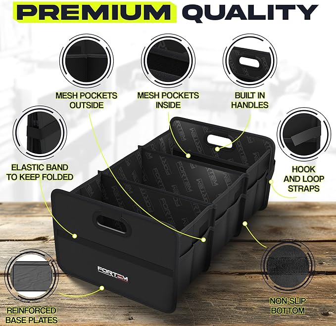 FORTEM Car Trunk Organizer, Collapsible Two Compartment Organizer, Foldable SUV & Truck Storage for Car Accessories for