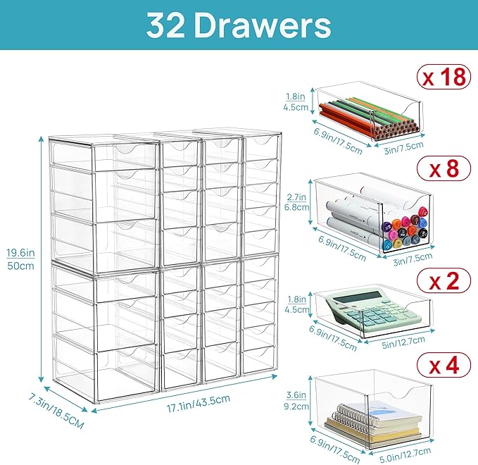 Vtopmart Acrylic Organizer with 32 Drawers, Desk Organizers and Accessories, Clear Makeup Organization, Dustproof Storage Dra