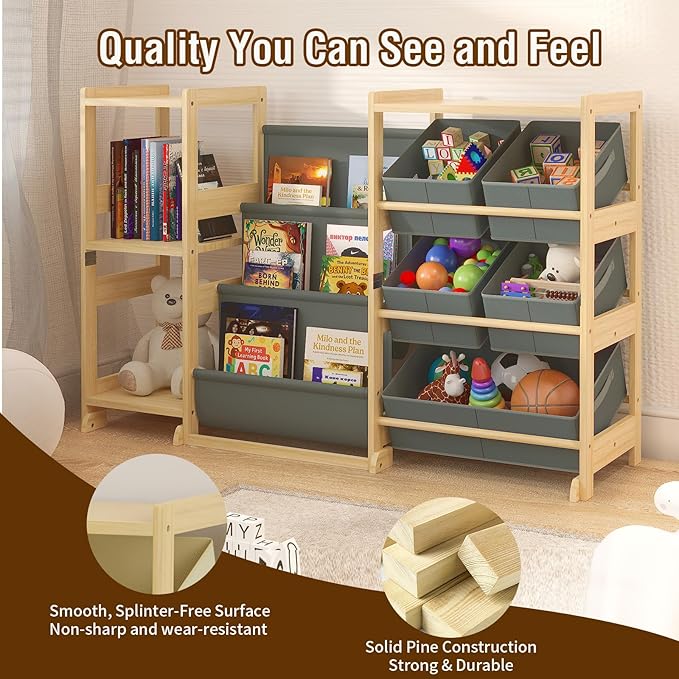 Kids Bookshelf and Toy Storage Organizer with 3-Tier Book Display and Shelves, Kids Toy Organizers and Storage with Bins, Boo
