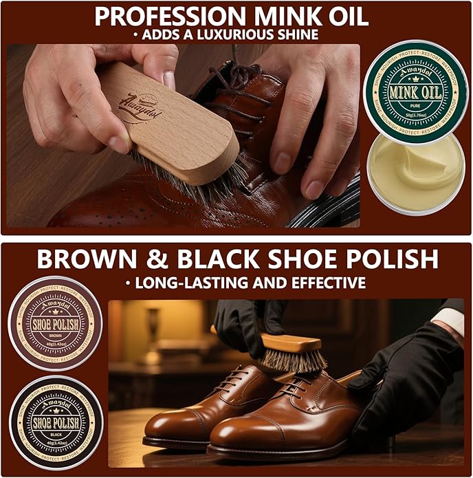 10 PCS Shoe Polish Kit - Horsehair Brushes, Black Brown Neutral Polish,Mink Oil Conditioner for Shoes,Polishing Cloth, Leathe
