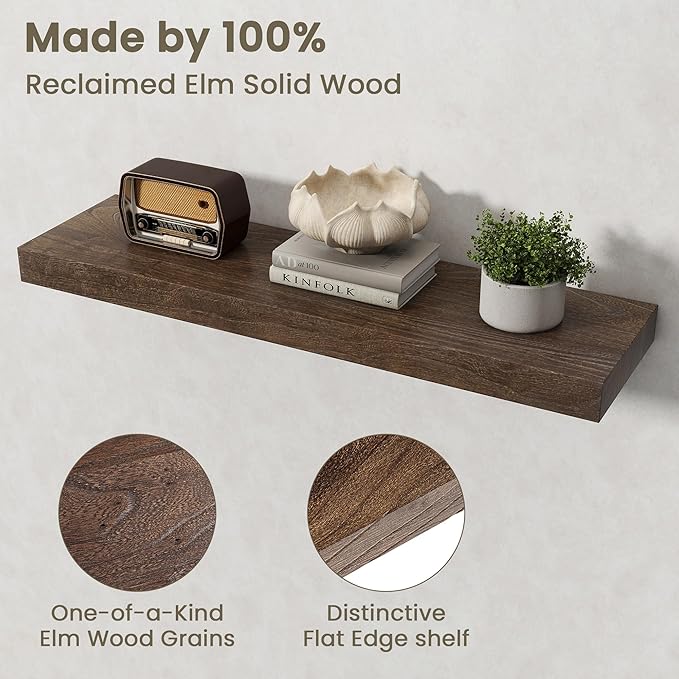 Fun Memories Solid Elm Wood Floating Shelves Set of 2-32 Inch Rustic Wall Shelves with Heavy-Duty Invisible Brackets - for Li