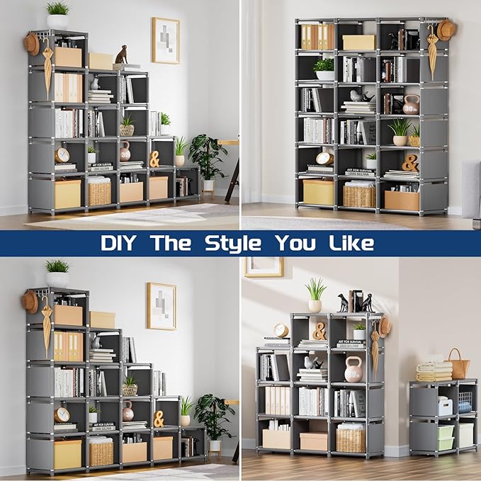 Mavivegue Bookshelf,18 Cube Storage Organizer,Extra Large Book Organizer,Tall Bookcase Shelf,Book Cases/Shelves,Grey Cube She