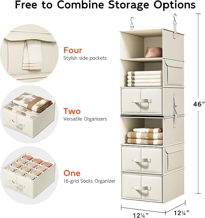 Vailando 6-Shelf Hanging Closet Organizer with 3 Drawers, 2 Separable 3-Shelf Closet Organizers and Storage for Wardrobe Orga