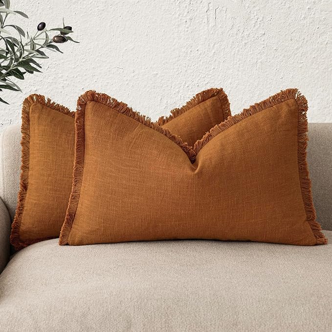 Foindtower Set of 2 Decorative Linen Fringe Lumbar Throw Pillow Covers Boho Farmhouse Cushion Cover with Tassels Soft Accent 