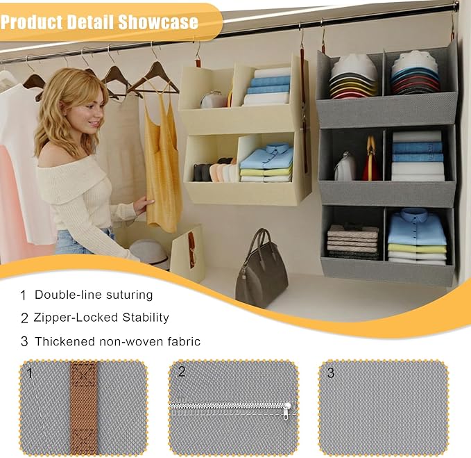 2 Pack,Extra Large Hanging Closet Organizer, Disassemblable Clothes Hanging Shelves,Collapsible Fabric Closet Storage System 