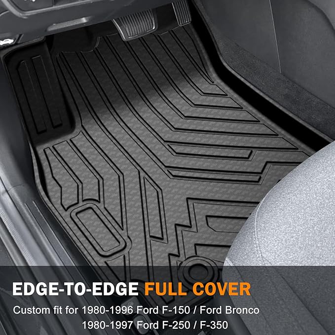 KUST Floor Mats for 1980-1996 Ford F-150/Bronco, for 1980-1997 F-250/F-350, All Weather Floor Liners Bronco Accessories Car Mats TPE Rubber High Edge, Front Side 2PCS