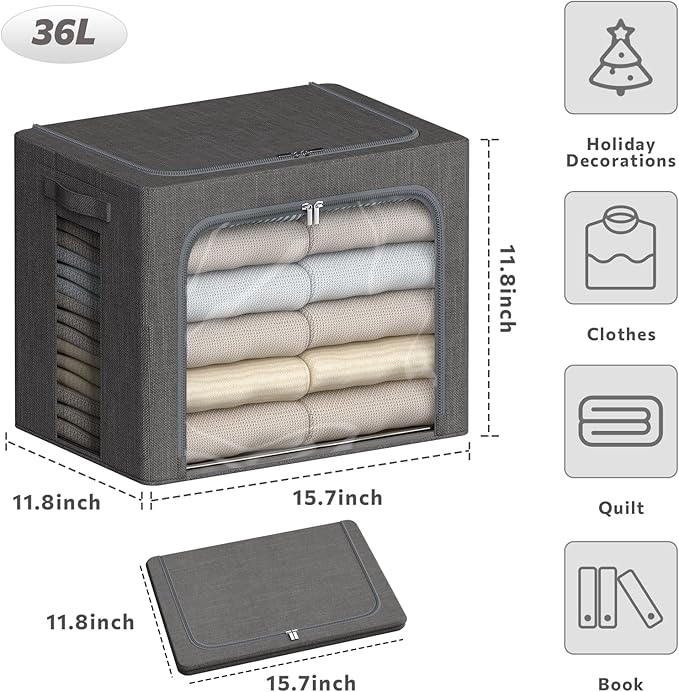 4 Pack Clothes Storage Bins with Metal Frame - 36L Stackable Storage Box with Lid，Foldable Storage Container Organizer for Cl