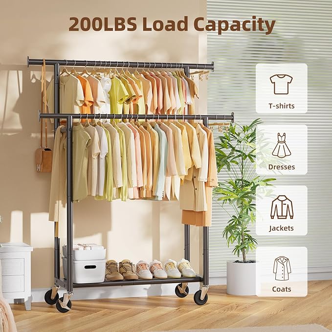 Simple Trending Clothes Rack, Double Rods Clothing Rack for Hanging Clothes, Metal Garment Rack with Rolling Wheels, Portable