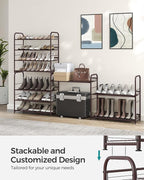 SONGMICS Stackable Shoe Rack, 4 Tier Metal Shoes Rack Storage Shelf, Holds up to 16 Pairs Shoes, Adjustable Slanted Shelves T