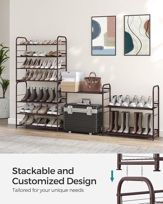 SONGMICS Stackable Shoe Rack, 4 Tier Metal Shoes Rack Storage Shelf, Holds up to 16 Pairs Shoes, Adjustable Slanted Shelves T