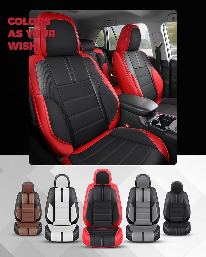 FREESOO Red Black Car Seat Covers Full Set - Faux Nappa Leather Seat Covers for Cars, with Front Seatbelt Pads, Breathable In