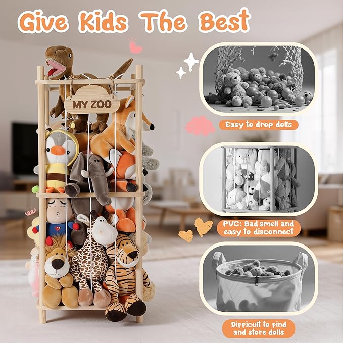 LAMU Stuffed Animal Storage Zoo, Wooden Stuffed Animals Organizer & Holder for Kids with Elastic Cords, Space Saving Plushies