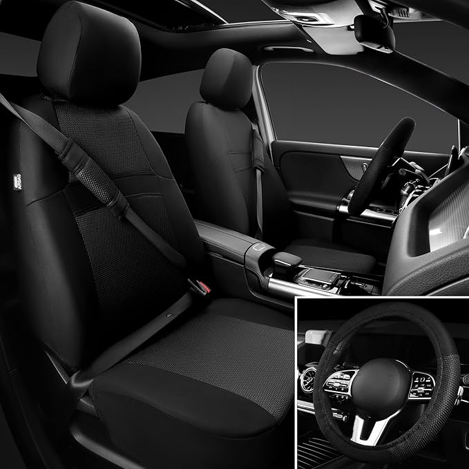 CAR PASS Universal 13PCS 3D Air Mesh Car Seat Covers -100% Breathable Seat Covers Full Sets Steering Wheel and Belt Cover Airbag and Rear Split Bench Compatible for Automotive SUV Truck (Pure Black)